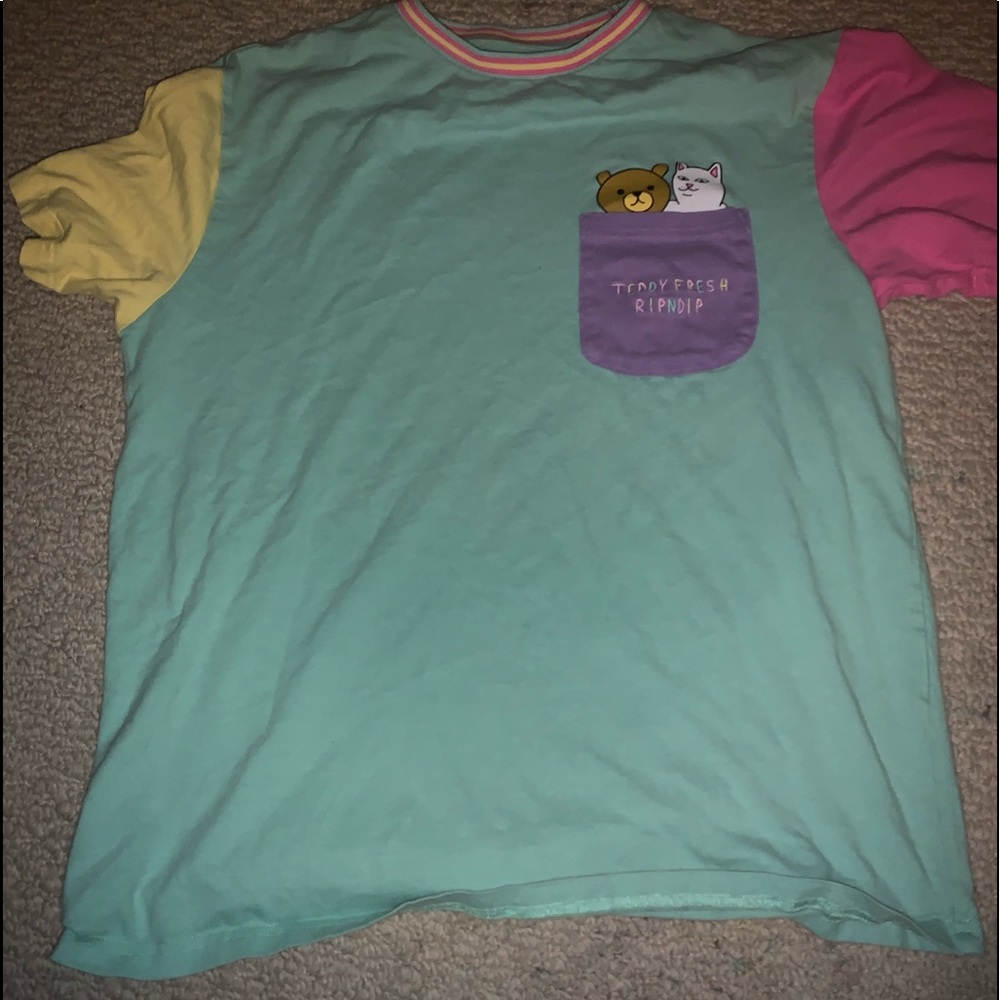 this is a multi color teddy fresh ripndip tshirt with a chest pocket